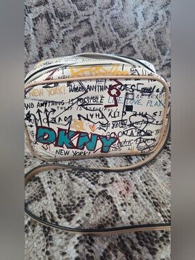 DKNY Graffiti Logo Crossbody in White, Teal & Mustard